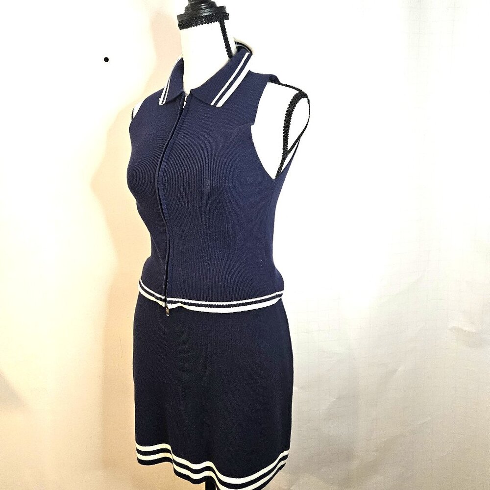 Navy Blue, Form-Fitting Medium Sleeveless, Collared Knit Top with Mini Skirt